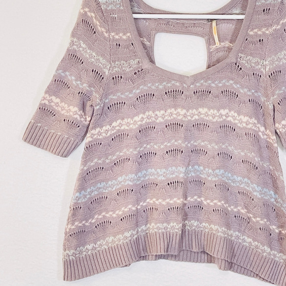 Free People Sweater Womens Medium Purple Striped Sweetheart Neck Short Sleeve - Picture 9 of 16
